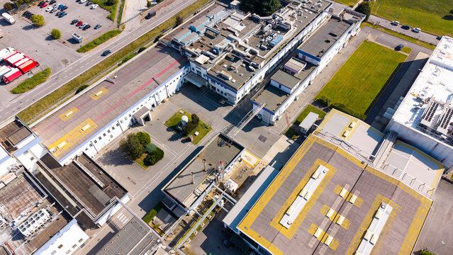 Aerial view of the Esselunga distribution center, Liscate, Lombardia, Italy.