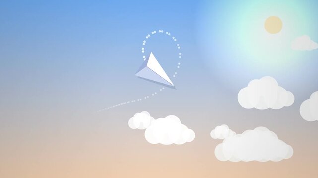 Paper plane flying through cloudy sky towards glowing sun