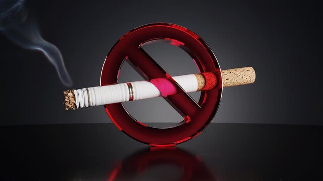 No smoking sign with lit cigarette and rising smoke against dark background.