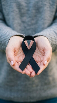 Hands Holding Black Ribbon Symbol of Mourning Grief and Remembrance