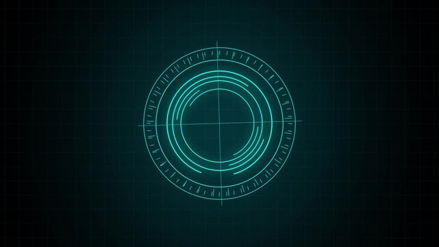 Circular HUD animation displays radial lines and concentric rings on dark. Telemetry monitoring data coordinates guide circular HUD. Consoles operate with circular HUD.