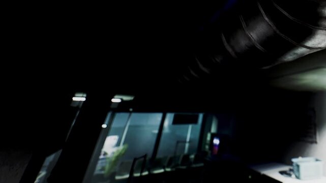 A shadowy underground setting reveals unique architectural elements. Soft light filters through glass, creating an intriguing atmosphere. The space feels mysterious and inviting, urging exploration.