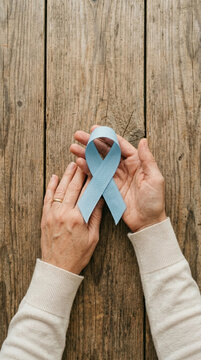 Hands holding blue ribbon for prostate cancer awareness support and awareness symbol