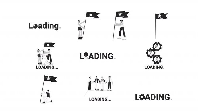 Goal achievement loading indicators black and white line animation pack. Teamwork milestone. Workforce unity. Team members with star flags animated outline 4K video set on transparent background