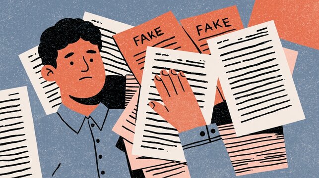 Confused man overwhelmed by fake news and misinformation papers