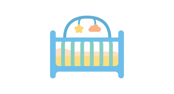 Baby crib with hanging toys is a colorful vector illustration on white background
