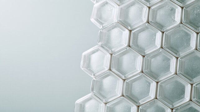 白い空間に透明な六角形の枠が縦方向へ連なる立体幾何学背景。企業プレゼンやWebバナーの制作に映える抽象グラフィック背景素材（コピースペース付き）