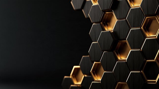 黒とゴールドの六角形パネルが段差を作り斜めに広がる立体背景。企業プレゼンやWebバナーの制作に映える抽象グラフィック背景素材（コピースペース付き）