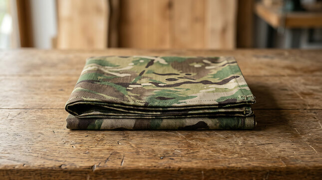A folded piece of camouflage patterned fabric rests on a rustic wooden table