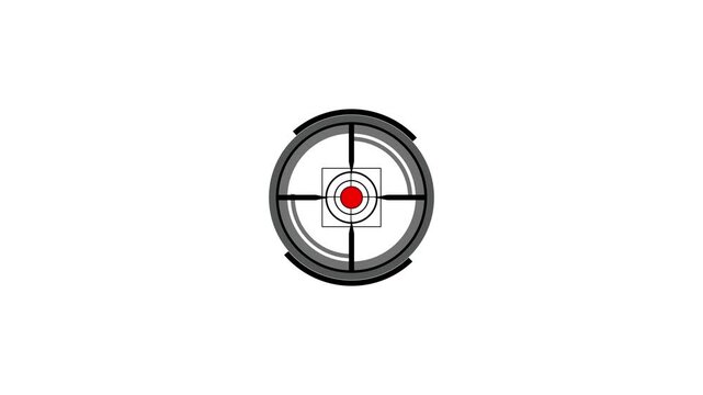 Target reticle animation centers an bullseye on clean white space. Aiming accuracy data coordinates guide target reticle. Monitoring consoles operate with reticle.