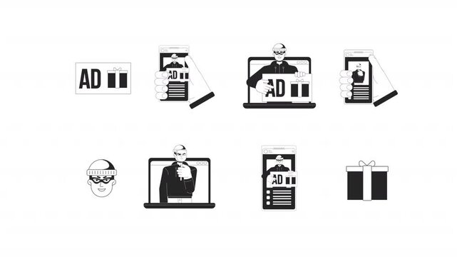 Deceptive online ads black and white line animation pack. Fake promotions. Gift offers. Masked fraudsters in laptop and smartphone. Digital scam animated outline 4K video set on transparent background