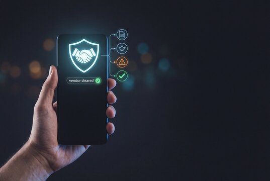 vendor risk management concept, hand holding smartphone with third party clearance hologram, supplier evaluation technology, corporate partnership assessment system, business trust background