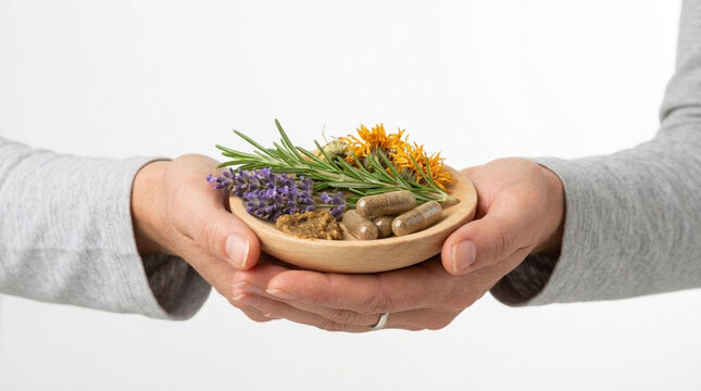 Hands holding wooden bowl with natural supplements herbs lavender rosemary and marigold for holistic wellness and alternative medicine
