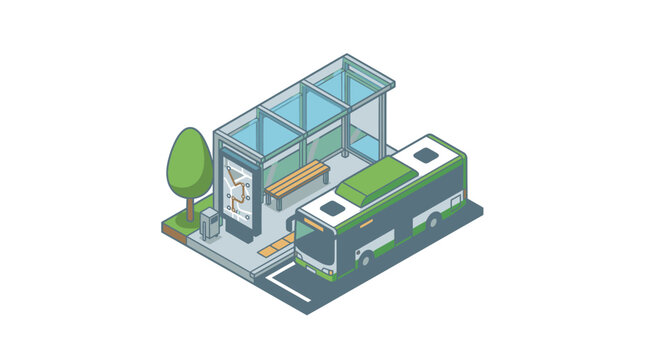 Creative Isometric of Modern Bus Depot with Green Bus Clear Structure and Tree with high quality professional line art symbols for modern creative design and digital branding projects