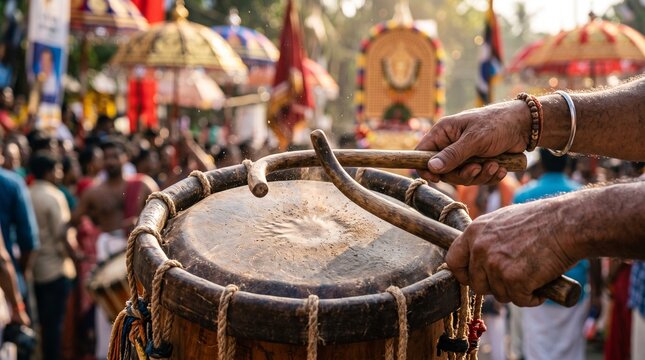 Close up of traditional chenda drum hands at festival playing rhythmic percussion beats during vibrant South Indian rituals in warm sunlight for cultural heritage concept