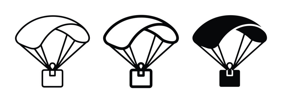 Delivery parachute icons set with falling package, logistics and shipping