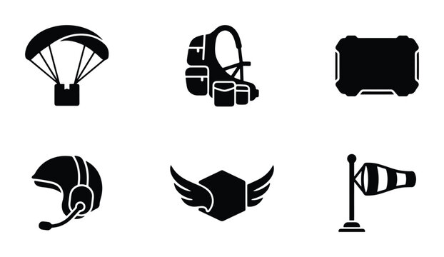 Parachute, backpack, case, helmet, wings, windsock icons for travel