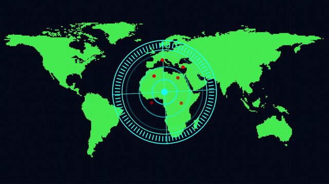 World map animation integrates a radar scope targeting Africa on dark. Surveillance telemetry data routes across world map. Tracking consoles operate with map online.