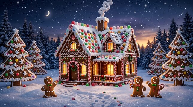 Whimsical gingerbread house in a snowy forest at night with gingerbread men and christmas trees