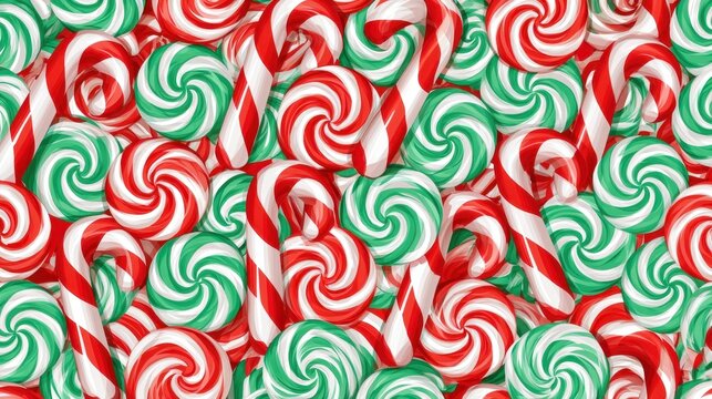 Seamless pattern background of Christmas red green white swirled peppermint hard candies and striped candy canes traditional winter holiday sweet food celebration banner graphic illustration