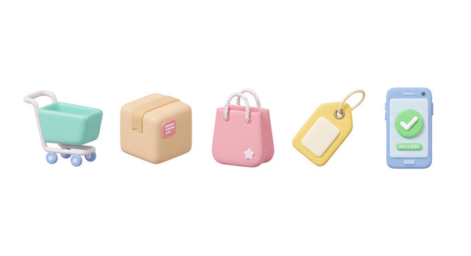 3D e-commerce icon set with shopping cart, delivery box, paper bag, price tag and smartphone on white background