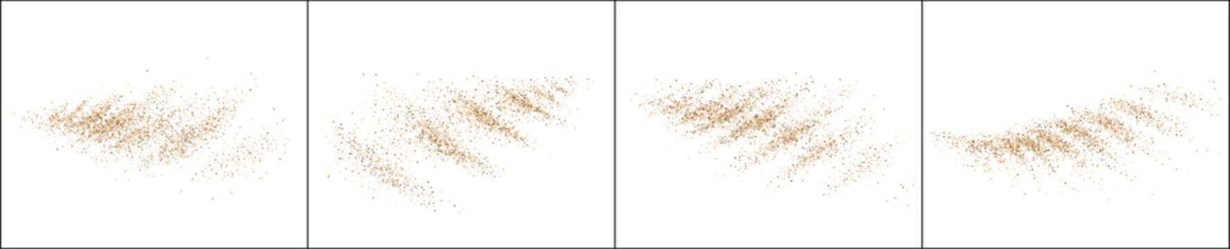 Four panel sequence of flowing gold particles on a white background. Dynamic sand dust wave progression. Abstract flying glitter splash effect