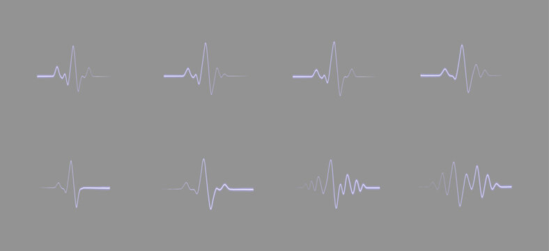 Glowing purple ecg heartbeat lines set on gray background. Neon pulse wave graph icons for futuristic medical interface and digital telemetry
