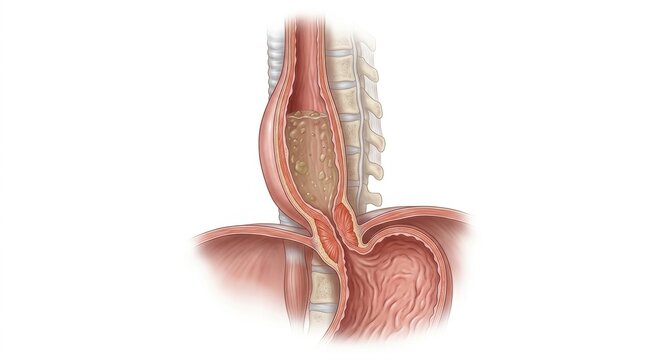 Medical illustration of esophageal food impaction showing a blockage in the human esophagus