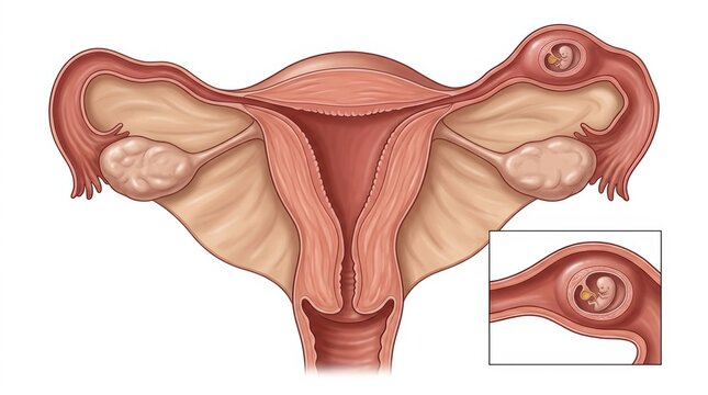 Medical illustration of an ectopic pregnancy showing a fetus developing in the fallopian tube