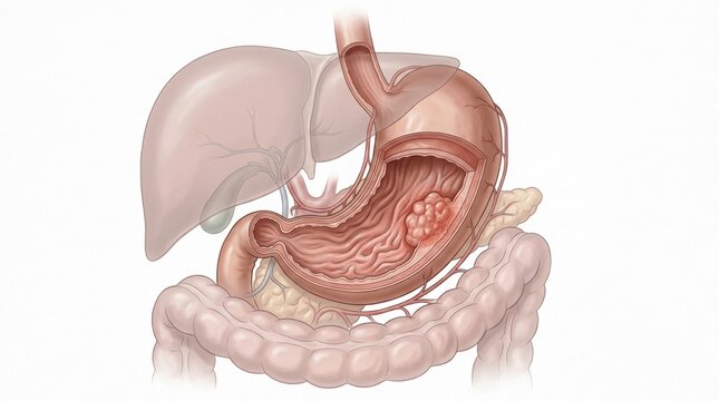 Medical illustration of human stomach anatomy showing a tumor growth inside the organ wall