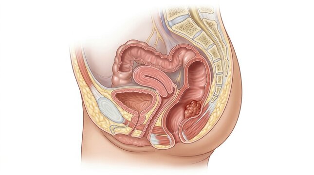 Medical illustration showing a sagittal cross section of the female pelvic organ anatomy