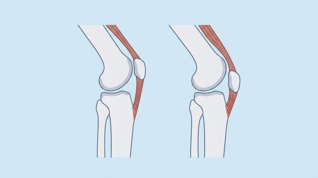Anatomical illustration showing the movement of the human knee joint and patellar tendon function