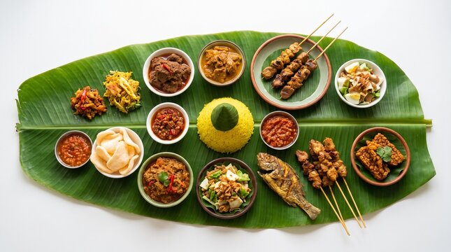A vibrant and colorful spread of south indian cuisine served traditionally on a banana leaf
