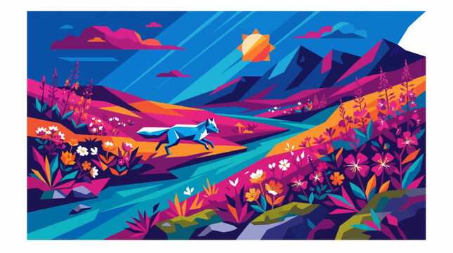 Vibrant geometric illustration of a fox running through a colorful mountain valley with flowers and a river