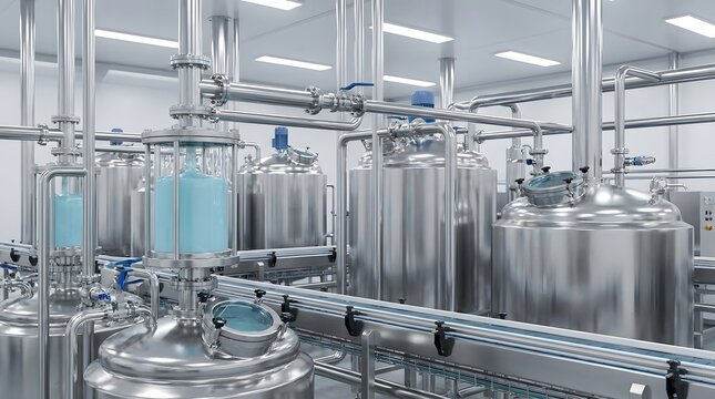 Industrial Chemical Reactor Tanks with Blue Liquid in Clean Pharmaceutical Laboratory