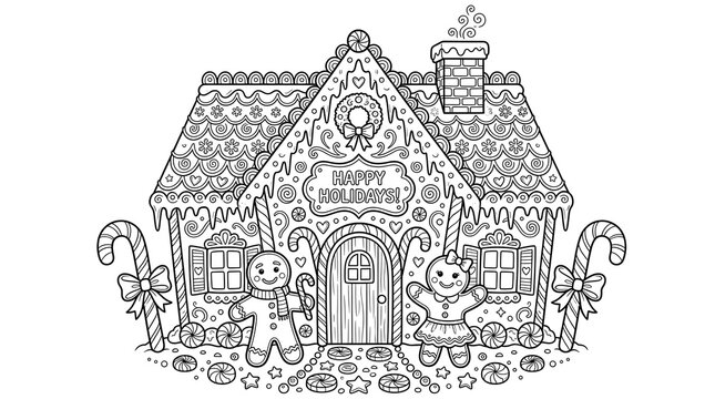 A detailed black and white coloring page featuring a gingerbread house with candy decorations and two gingerbread people standing in front