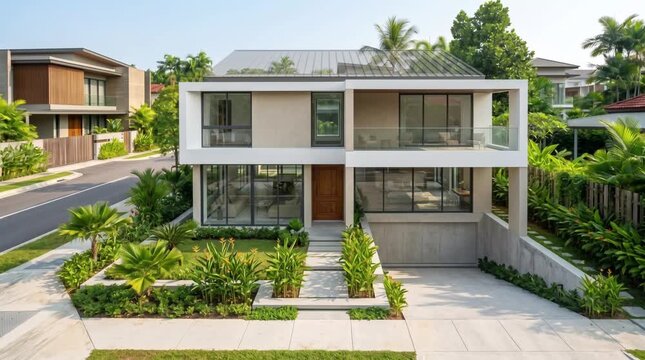 A photorealistic time-lapse style sequence showing the construction progress of a modern tropical minimalist house, from an empty residential plot and foundation to a fully completed home with landsca