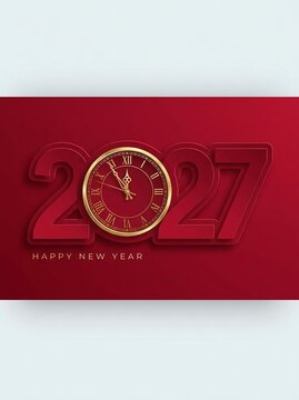 A vibrant red 2027 Happy New Year greeting card design featuring a golden clock face as the '0', set against a deep red background with subtle shadows and a festive, elegant feel.