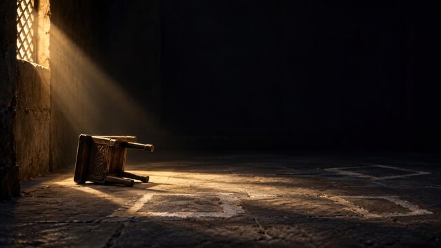 Wooden stool lies overturned in an empty stone prison cell. Philippians epistle and Apostle Pauls imprisonment. Christian faith, perseverance and hope. New Testament biblical setting