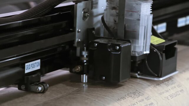 Industrial Machine Carriage Processing a Flat Material Surface. The footage documents textile equipment, material handling, stitching or machine controls in a workshop.