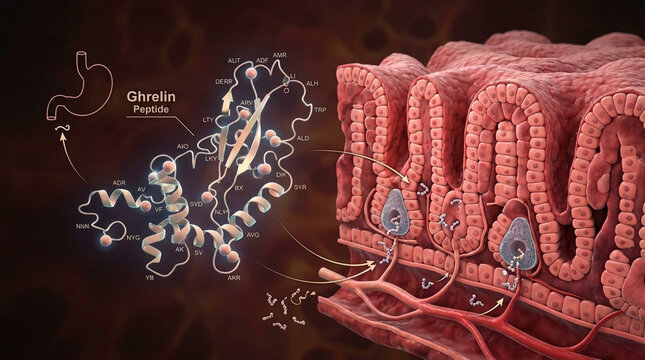 Ghrelin Peptide Molecule and Stomach Cells Scientific Illustration of Hunger Hormone