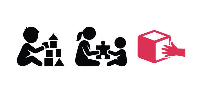 Child development and play therapy icons vector set featuring building blocks, puzzle, and interactive cube symbols