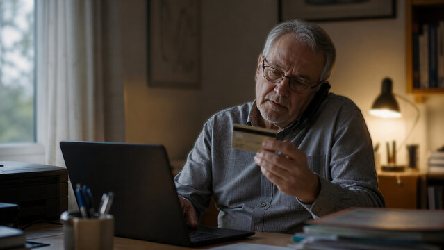 Senior man reads bank card during suspected bank impersonation call