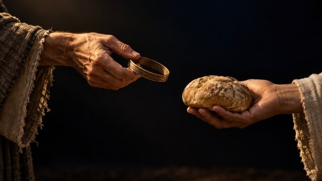 Hands exchanging bread and a gold bracelet in a biblical-era scene. Philippians 4:14 sharing in hardship. Christian generosity and mutual support. New Testament faith and charity.