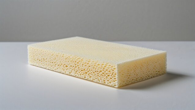 Rectangular yellow cleaning sponge on a white surface