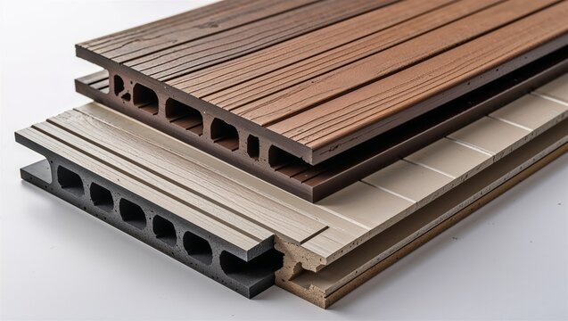 Stacked hollow decking boards in brown and gray finishes