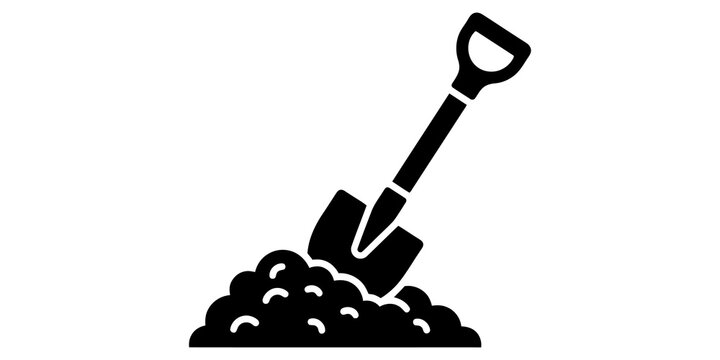 Heavy duty garden shovel digging into pile of soil isolated design element for landscaping and construction works.