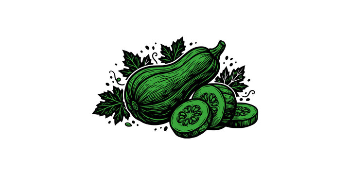 Hand drawn green zucchini and slices with leaves illustrate organic vegetables for farm market and cooking themes.