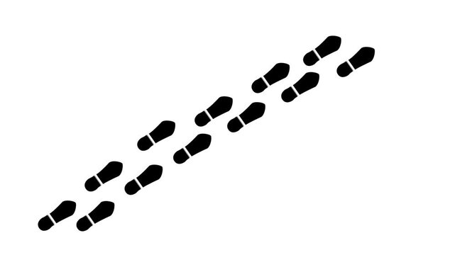 Black footprint arranged in a diagonal line moving upwards and to the right on a plain white background representing a path or journey