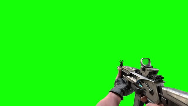 First person perspective video footage of hands holding a futuristic assault rifle weapon animation